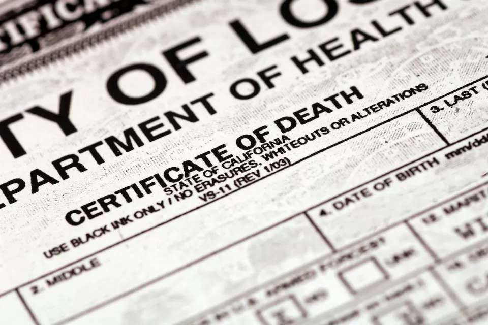 Close-up of title of death certificate for state of California.